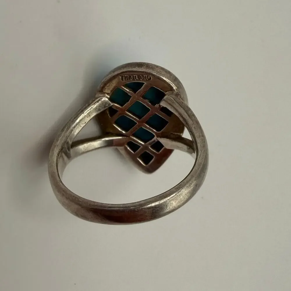 Vintage Sterling Silver 925 MK Thailand Pear Turquoise Cabochon Ring Size 8